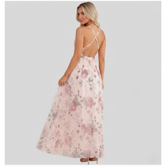 Floral Deep V-Neck Sleeveless High Waist Pleated Backless Spaghetti Strap Dress - Picture 3 of 9